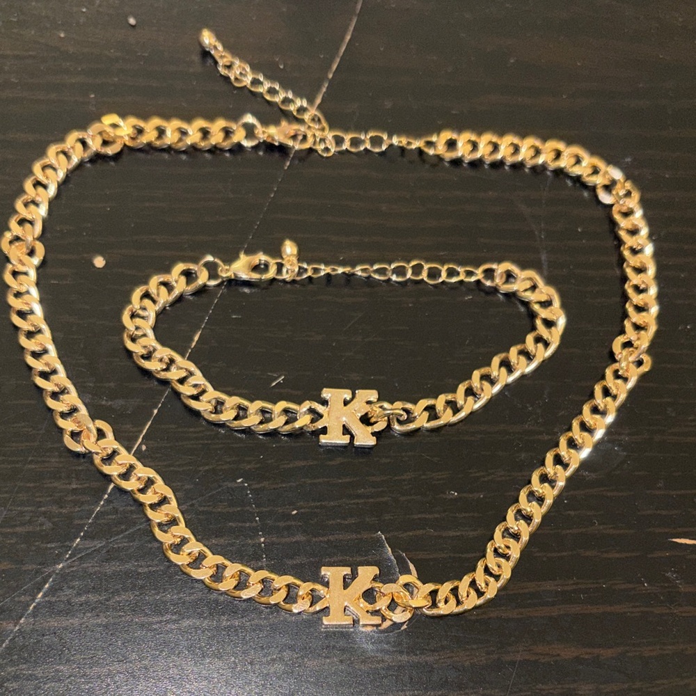 Gold Chain Necklace and Bracelet Set with Initials